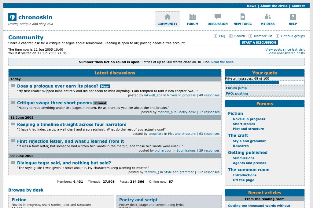 Bulletin board forum, community front page