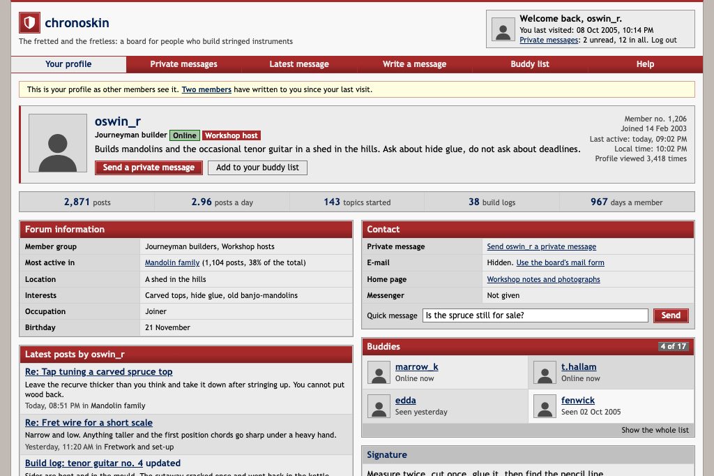 Bulletin board forum, member profile and private messages