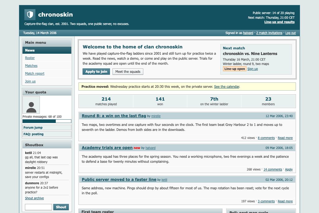 Bulletin board forum, clan site front page