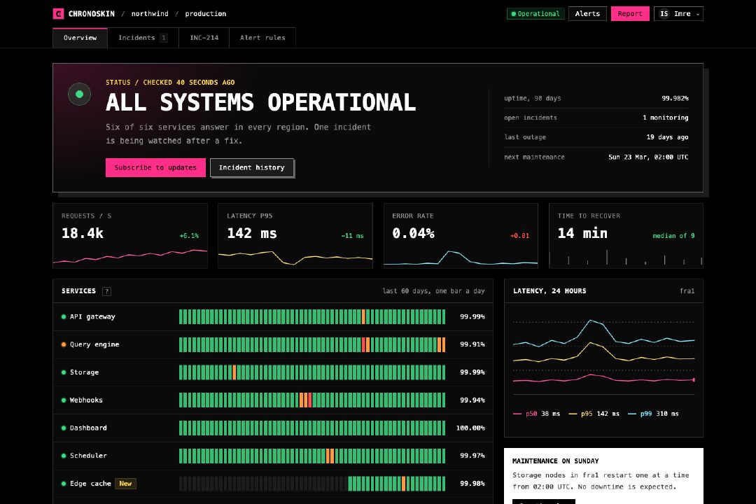 Dark developer tools status dashboard