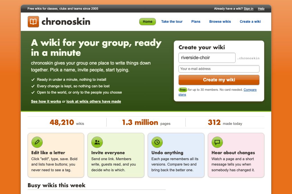 Wiki hosting front page, centred sheet and create box