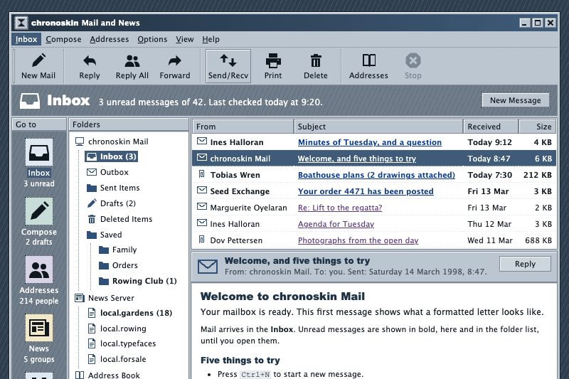 Desktop grey mail and news reader, rainy day